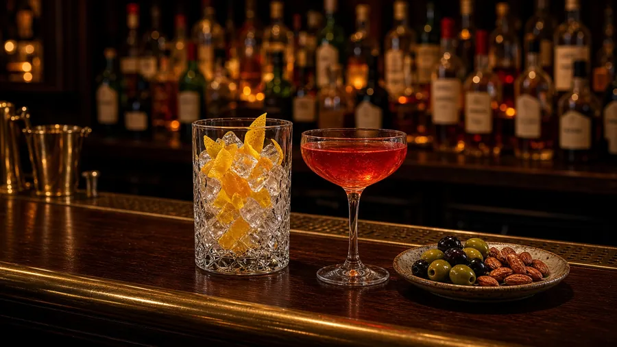 Restaurant bar: backbar bottles, a built cocktail, olives.