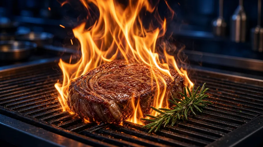 Ribeye hitting a restaurant grill, open flame.