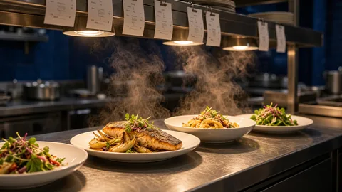 Kitchen pass at service: finished plates of pasta, fish, and salad under heat lamps.