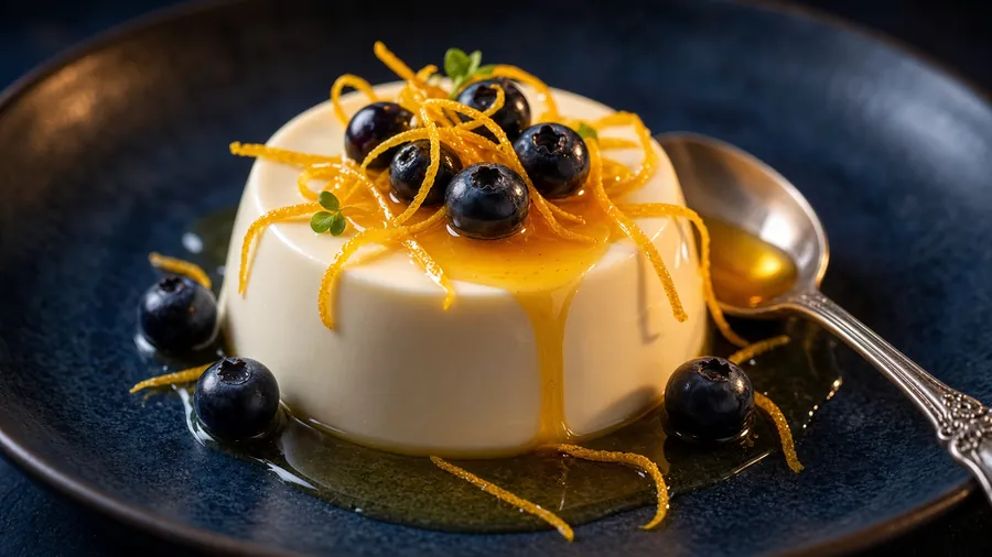 Panna cotta with citrus zest and berries on a dark plate.