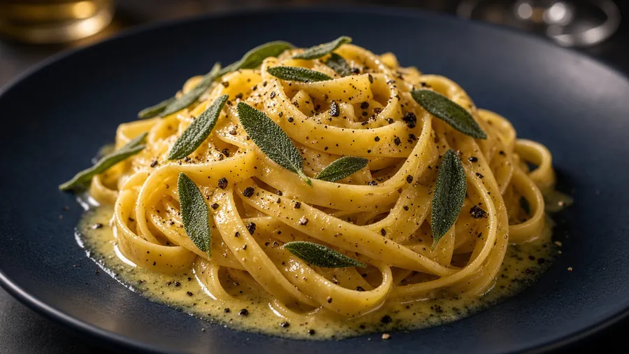 Tagliatelle with butter and sage on a dark restaurant plate.