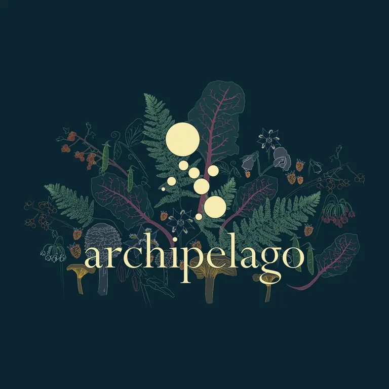 Archipelago's logo: an illustrated crest of Pacific Northwest ferns, berries and mushrooms above the word archipelago, on deep teal.
