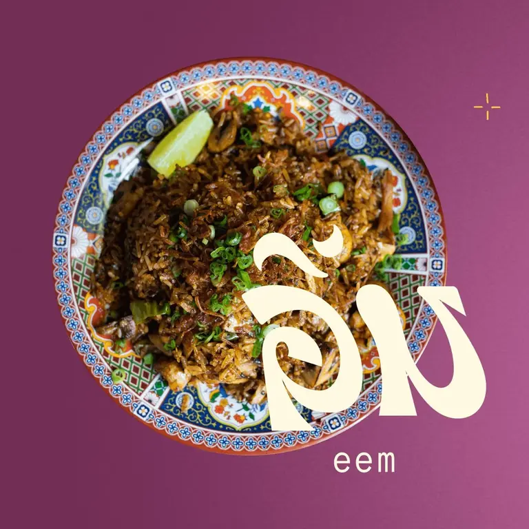 Eem's brand graphic: an overhead bowl of fried rice on a patterned plate against magenta, with the Eem logotype set over it.