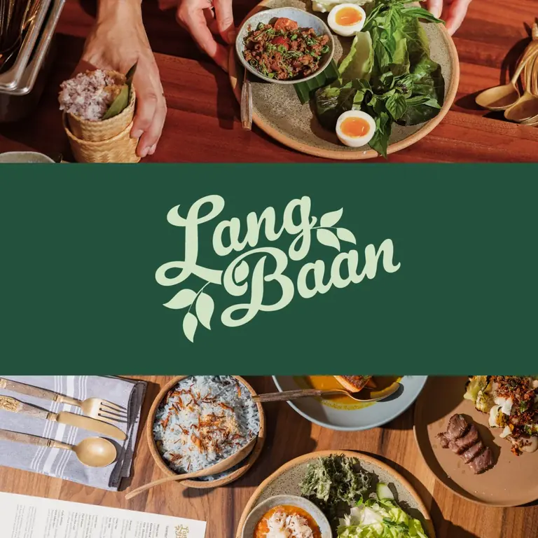 Langbaan's brand graphic: two photographs of shared Thai plates above and below a green band carrying the Lang Baan logotype.