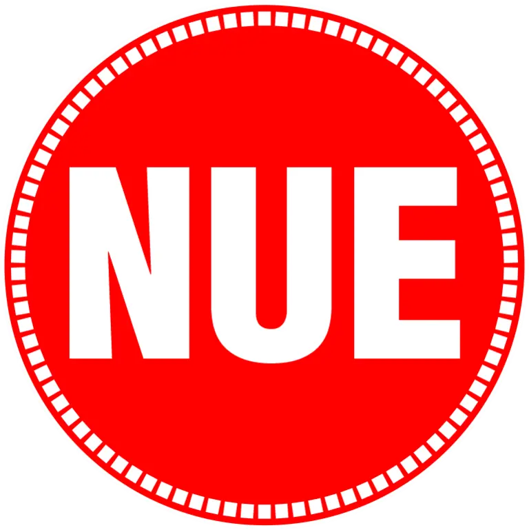 Nue's logo: the word NUE in white on a red circle.