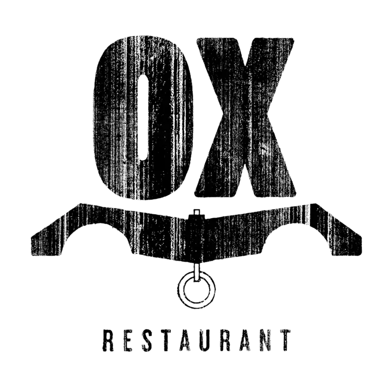 Ox Restaurant's logo: the letters OX in distressed white type above a stylised ox skull.